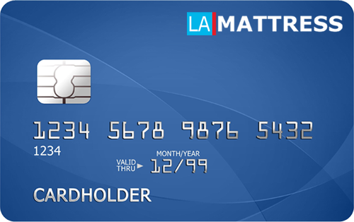 LA Mattress credit card displaying cardholder information, card number, and expiration date.