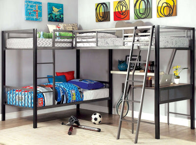 Ballarat Gray and Silver L-Shaped Triple Twin Bunk Bed With Desk