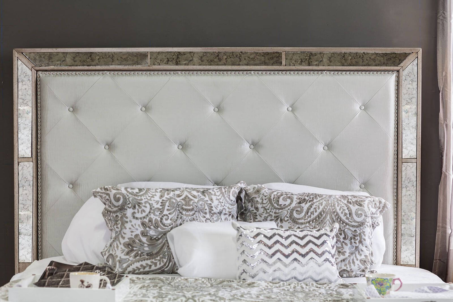 Loraine Silver Queen Upholstered Panel Bed