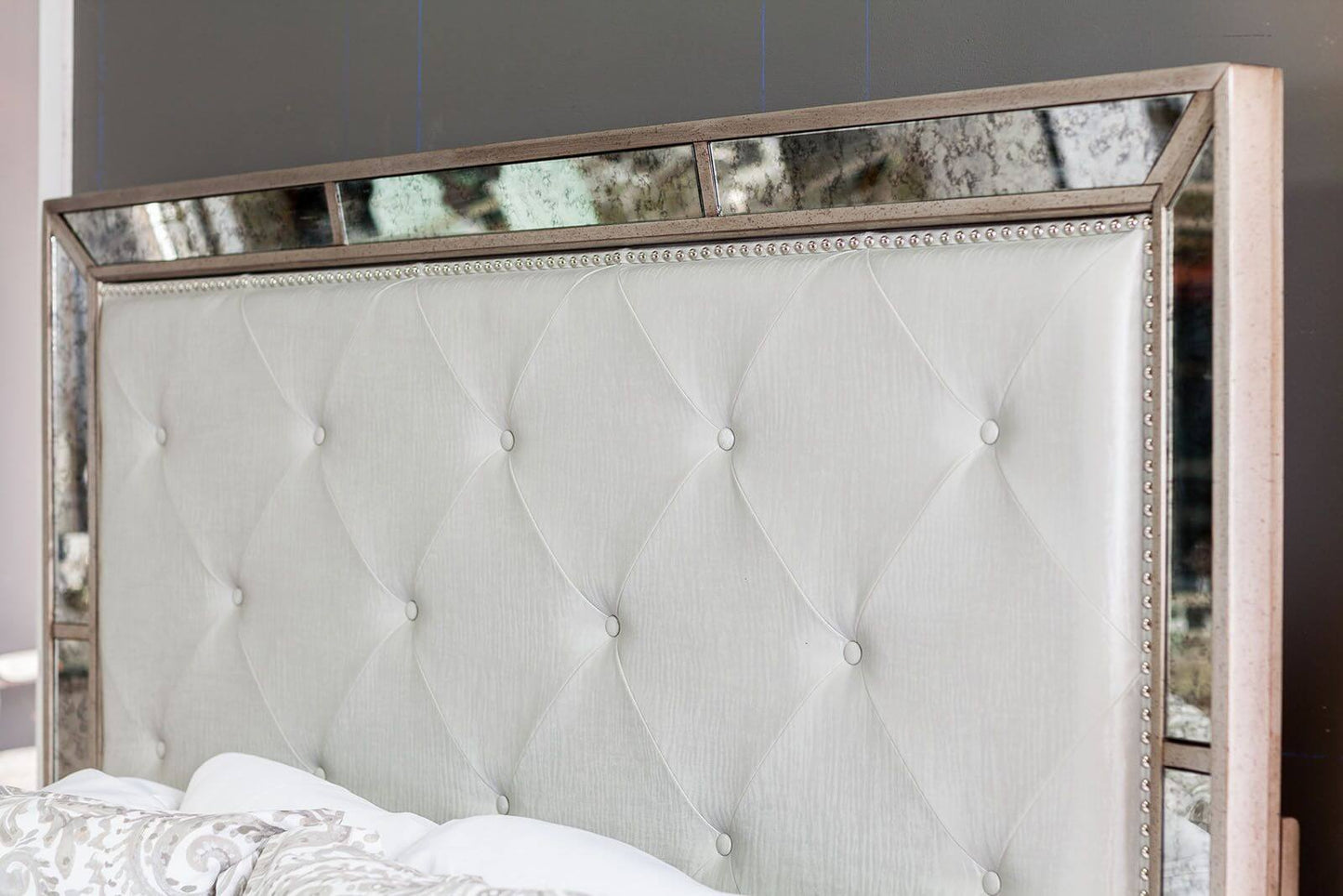 Loraine Silver Queen Upholstered Panel Bed