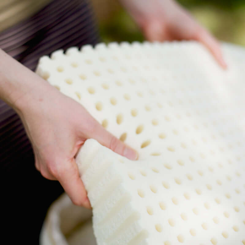 Person holding a soft, breathable Talalay latex mattress topper with a natural finish and perforated design.