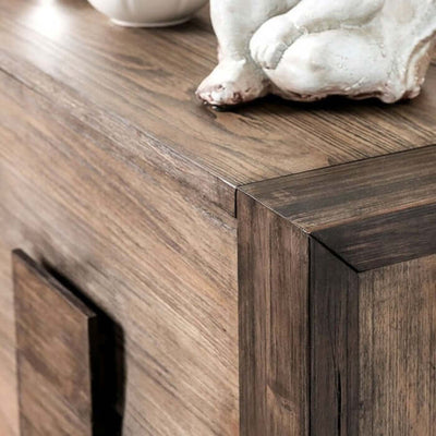 Close-up of the Janeiro Rustic Chest showcasing natural wood grain and block-like pulls in a stylish setting.