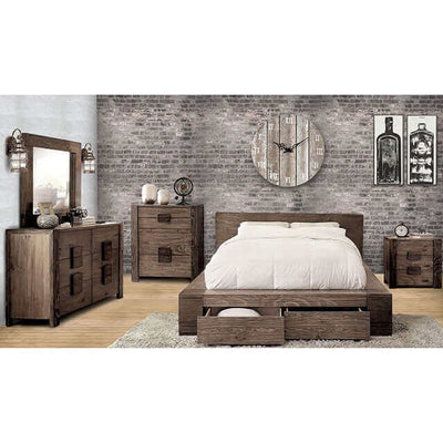 Janeiro Platform Storage Bed with natural wood finish and practical drawers in modern loft-style bedroom setting.