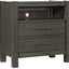 Mill Creek Collection Carob Nightstand with two drawers and open shelf, featuring angled AC outlet for easy device access.