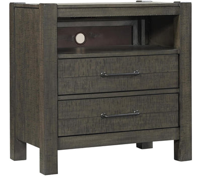 Mill Creek Collection Carob Nightstand with two drawers and open shelf, featuring angled AC outlet for easy device access.