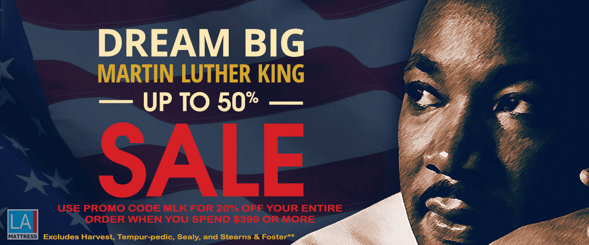 Promotional image for Martin Luther King sale featuring the text "Dream Big" and discount details up to 50% off.