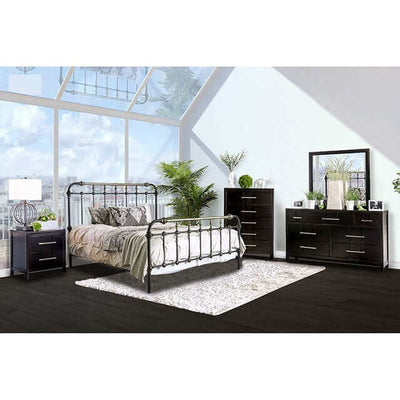 Riana Dark Bronze Metal Bed in a modern bedroom setting with stylish furniture and natural light.