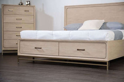 Sandnes Light Oak Mid Century Storage Bed Frame with drawers and matching chest in a modern bedroom setting.