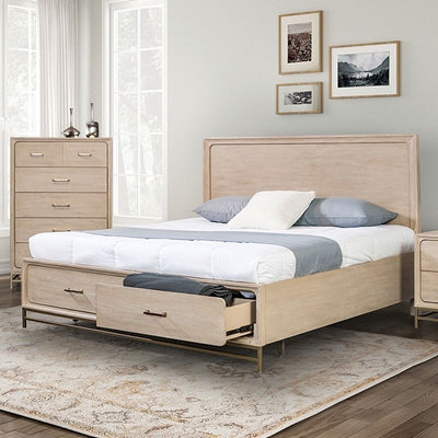 Sandnes Light Oak Mid Century Storage Bed Frame with pull-out drawers and elegant design in a stylish bedroom setting.