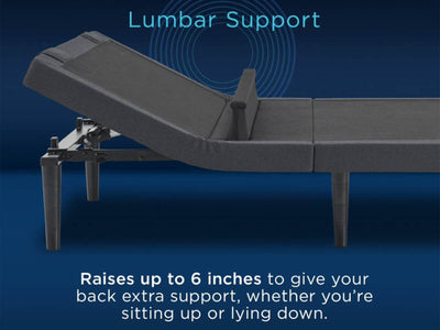 Adjustable mattress base with lumbar support feature, raising up to 6 inches for enhanced comfort while sitting or lying down.