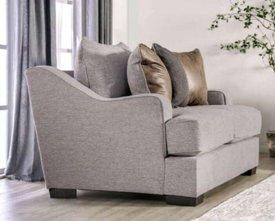 Skyline Gray Transitional Loveseat with plush cushions and decorative pillows, perfect for stylish living room decor.