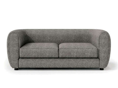 Verdal Dark Gray Contemporary Loveseat with bulbous shape and soft boucle fabric, perfect for modern living rooms.