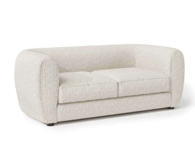 Verdal Off White Contemporary Loveseat with bulbous shape and boucle fabric in a modern living room setting.