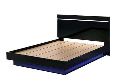 Erlach Black Gloss LED Platform Bed with modern design and ambient lighting for enhanced bedroom ambiance.