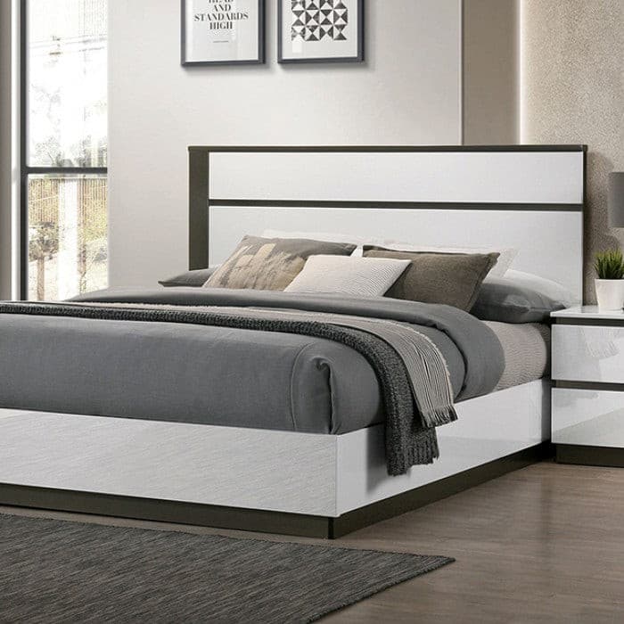 Birsfelden contemporary platform bed with gray bedding and a striking two-tone design, featuring high gloss white and metallic gray accents.