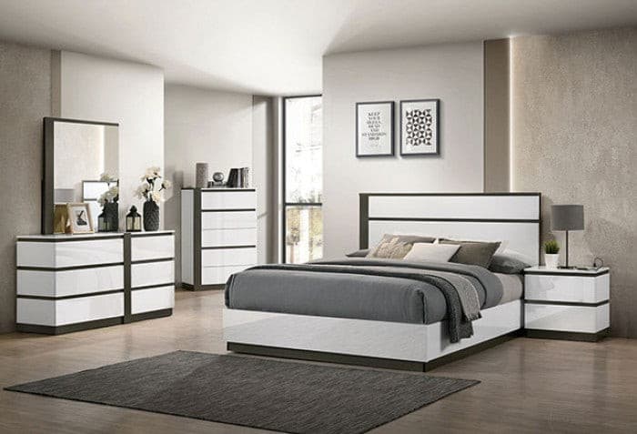 Birsfelden contemporary platform bed in a modern bedroom with two-tone design and minimalist furniture.