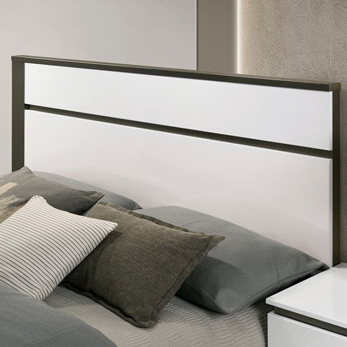 Birsfelden contemporary platform bed headboard featuring a modern two-tone design in high gloss white and metallic gray.