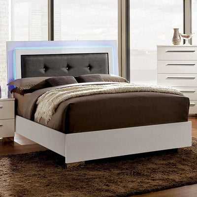 Clementine White 4pc Bedroom Set featuring a button tufted black headboard with LED lights and a modern white platform bed.