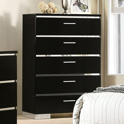 Modern black chest with chrome accents, featuring six drawers and a high gloss lacquer finish, ideal for contemporary decor.