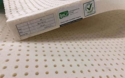 Organic latex mattress topper with certification labels and perforated surface for breathability and comfort.