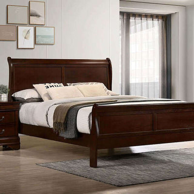 Louis Philippe Cherry sleigh bed with matching nightstand in a cozy bedroom setting, featuring modern decor and natural light.