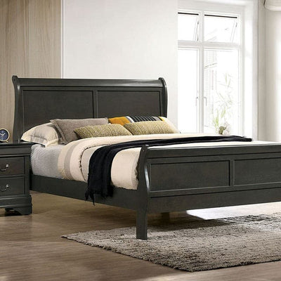 Louis Philippe Gray Transitional sleigh bed with plush bedding and matching nightstand in a modern bedroom setting.