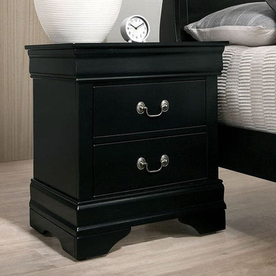 Black nightstand with two drawers, featuring a sleek design, perfect for complementing a transitional bedroom set.
