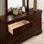 Louis Philippe cherry transitional dresser with an open drawer, showcasing elegant design and ample storage capacity.