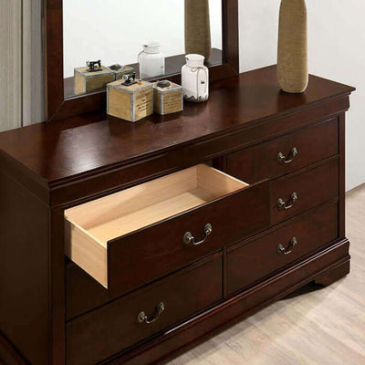 Louis Philippe cherry transitional dresser with an open drawer, showcasing elegant design and ample storage capacity.