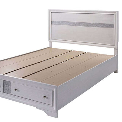 Chrissy White Storage Bed featuring a sleek design, silver accents, and spacious drawers for organized storage.