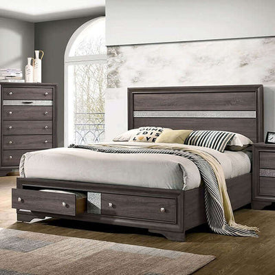 Chrissy Gray 4pc Bedroom Set featuring a sleek bed and stylish dresser with silver accents for a modern decor.