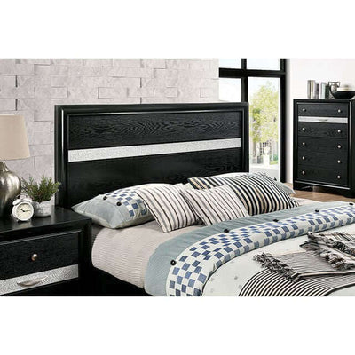 Chrissy Black Storage Bed featuring sleek black finish, silver accents, and stylish bedding in modern bedroom setting.