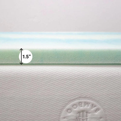 Temperature regulating 1.5-inch gel memory foam mattress topper showing thickness and texture for optimal sleep comfort.