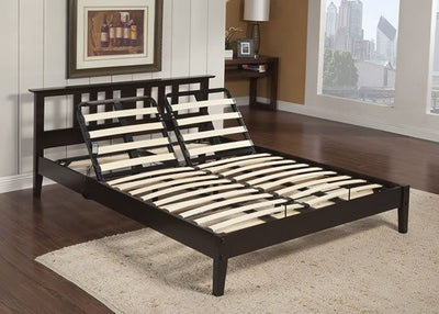 Ergo-Pedic Essentials adjustable bed frame with wooden slats and head-up functionality in a modern bedroom setting.