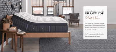 Luxury pillow top mattress showcased on a bed, promoting ultimate comfort and relaxation for a restful night's sleep.