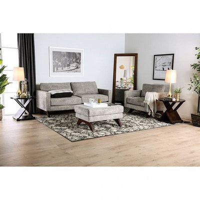 Harlech Gray Mid Century Sofa in a stylish living room setting with accent chairs, coffee table, and decorative plants.