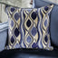 Decorative pillow featuring a surreal blue and gold pattern on a contemporary sofa. Perfect accent for modern decor.