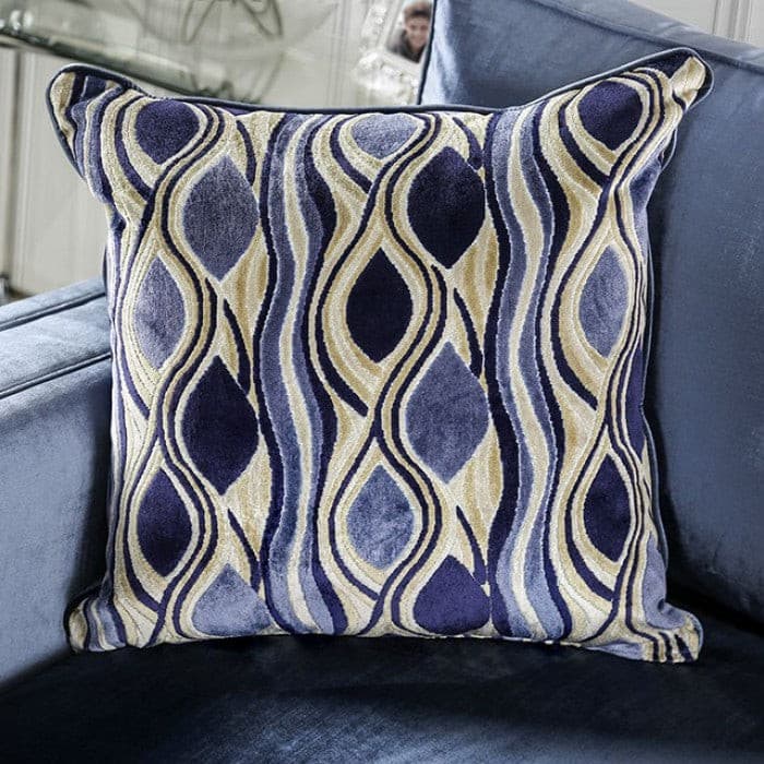 Decorative pillow with a contemporary blue and gold design, enhancing the modern look of a satin loveseat.