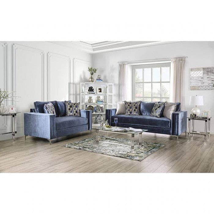 Contemporary blue satin loveseat and sofa set featuring decorative pillows, chrome legs, and stylish living room decor.