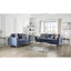 Jodie Satin Blue Contemporary Sofa set with matching pillows in a stylish living room setting.