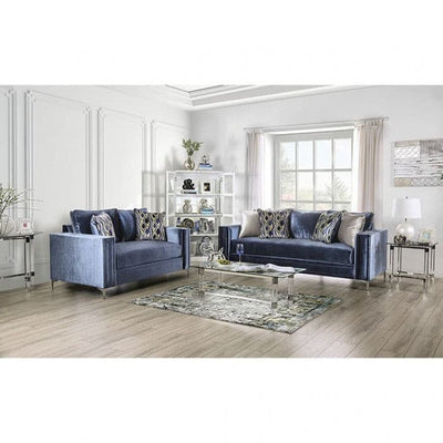 Jodie Satin Blue Contemporary Sofa set with matching pillows in a stylish living room setting.