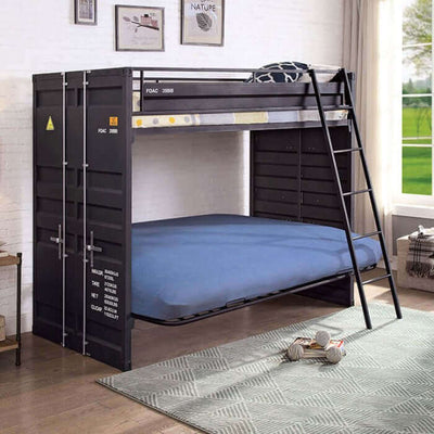 Sleek Lafray industrial metal futon bunk bed with guard rail and ladder in modern room setting.