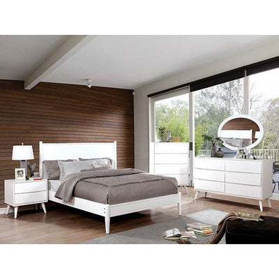 Modern Lennart White Platform Bed with flared legs, gray bedding, and coordinating furniture in a stylish bedroom setting.