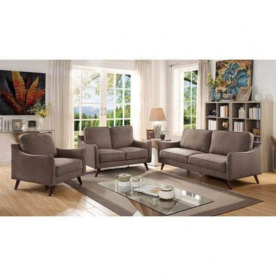 Mid-century modern light brown loveseat and chairs in a stylish living room with natural light and elegant decor.