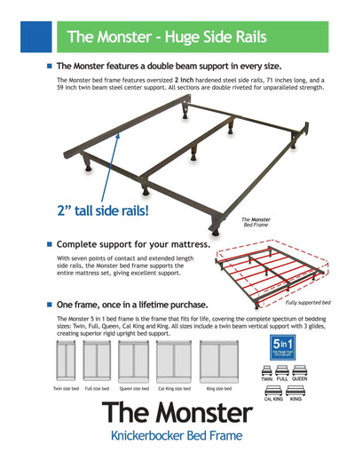 Knickerbocker Monster heavy-duty metal bed frame with double beam support and oversized side rails for mattress stability.