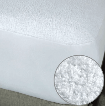 Premium cotton terry cloth waterproof mattress protector with fitted sheet style, showing soft texture and waterproof lining.