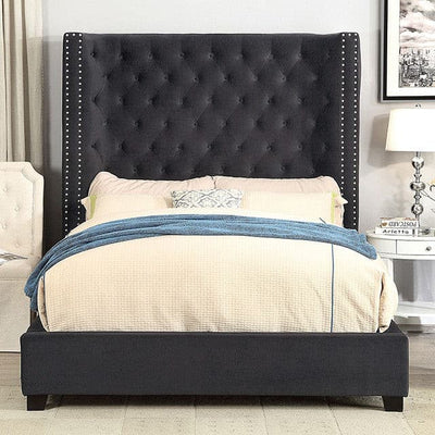 Rosabelle Black Bed with button-tufted wingback headboard and nailhead trim, adding elegance to any bedroom decor.