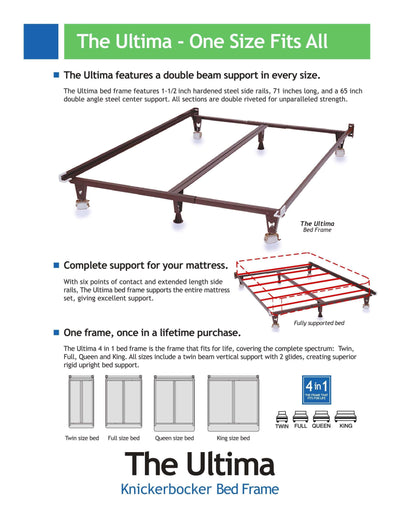 Knickerbocker Ultima 4-in-1 Bed Frame with double beam support and versatile mattress compatibility in one sturdy design.