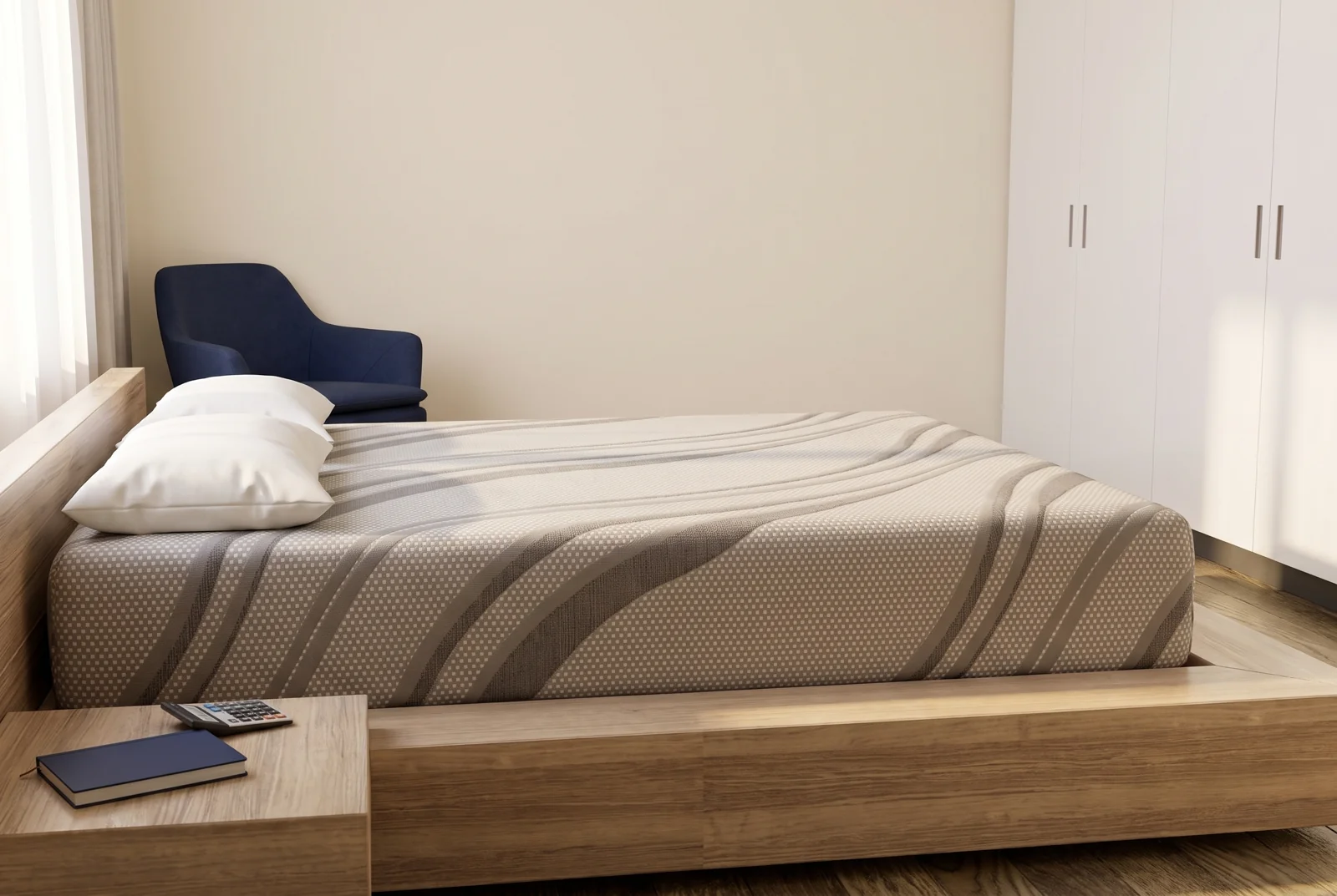 Diamond ProGel mattress with its gray patterned cover in a styled apartment bedroom
