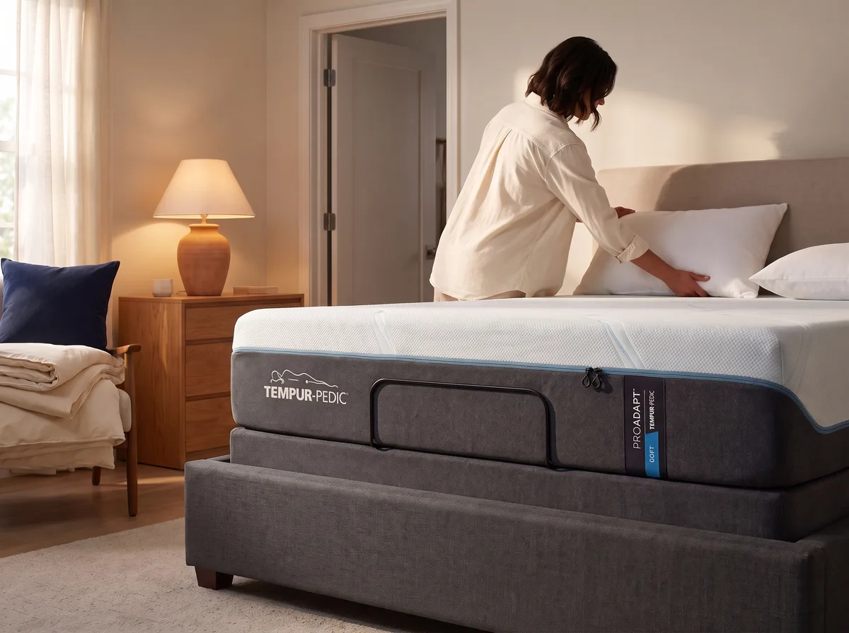 A homeowner arranging pillows on a TEMPUR-ProAdapt Soft mattress